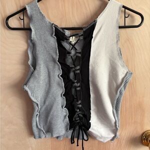 Gilded Intent Gray, Black, and White Lace-Up Crop Top